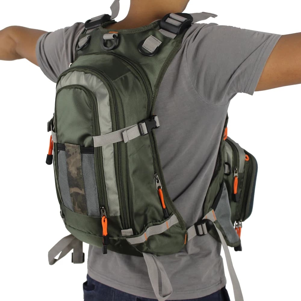 Veste de pêche fly ajustable homme avec sac à dos multifonction et poches mesh extérieures