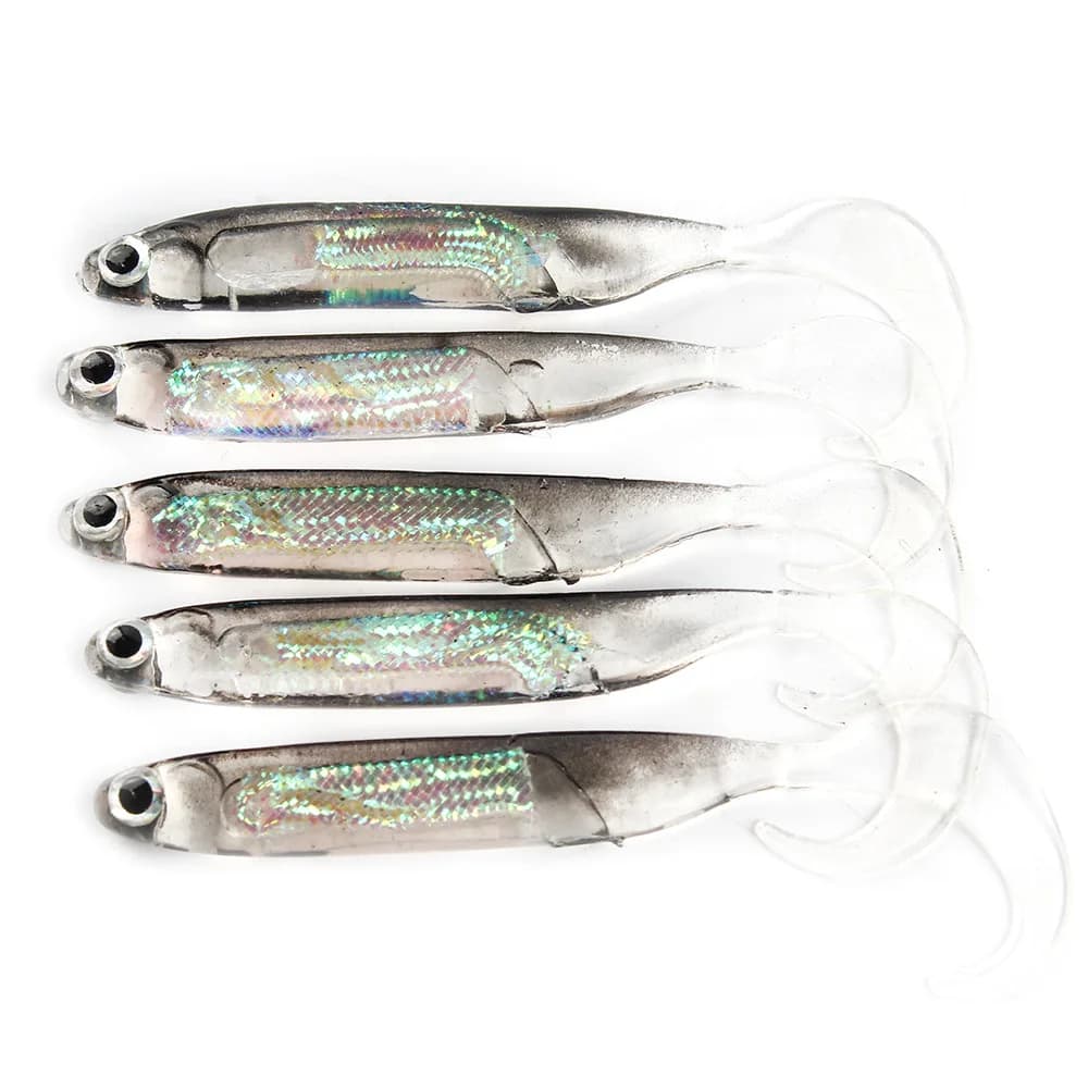 Leurre Souple Pêche 5 Pièces Leurres T Tail Arc-en-Ciel 7CM avec Paillettes pour Truite et Carnassiers
