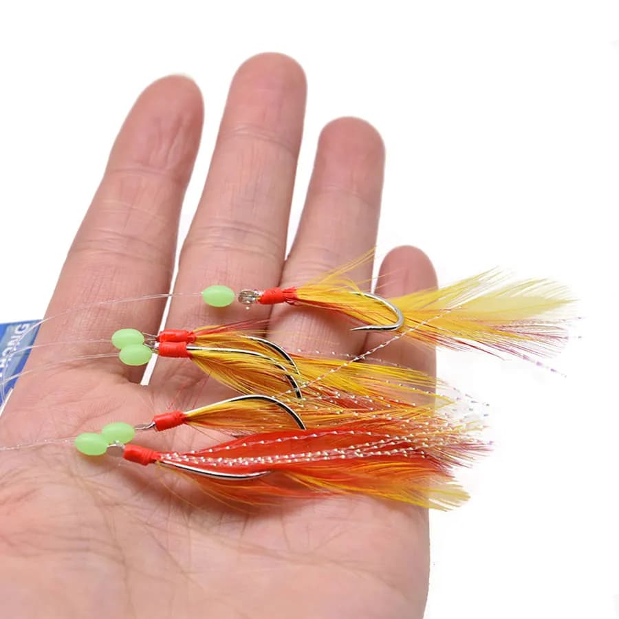 Sabiki rig artificiel avec plumes rouges et jaunes - Set hameçons JYJ pour sardines et pêche en mer