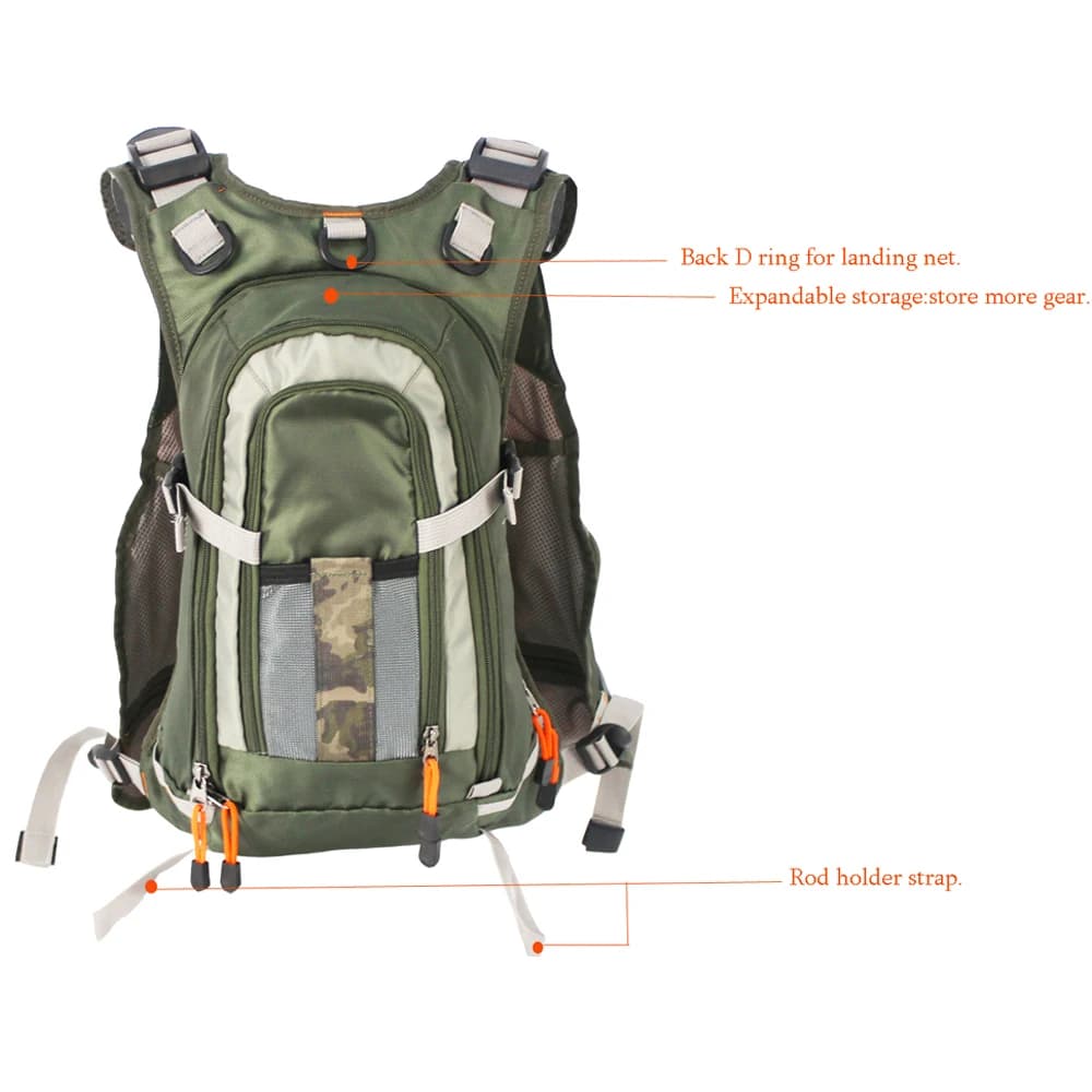 Veste de pêche fly ajustable homme avec sac à dos multifonction et poches mesh extérieures