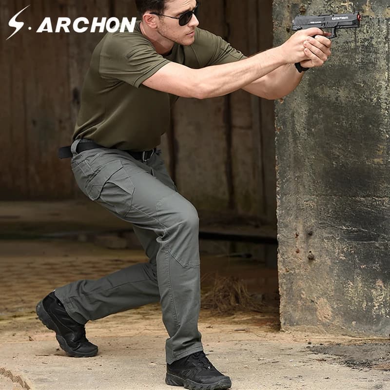 Pantalon cargo tactique S.archon SWAT pour hommes - Multi-poches coton - Sécurité bodyguard pêche