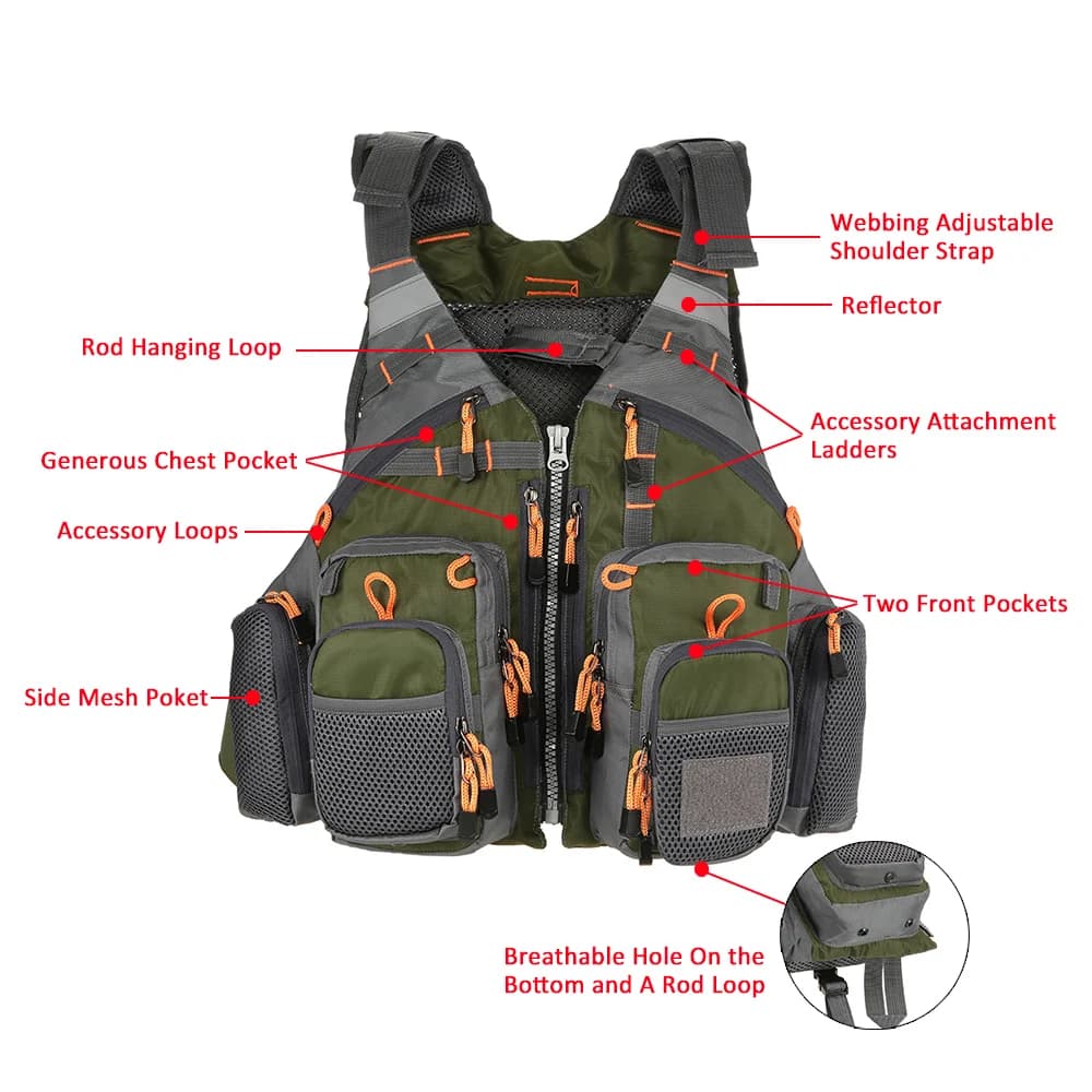 Gilet pêche technique Lixada respirant avec sécurité intégrée pour pêche sportive et activités nautiques