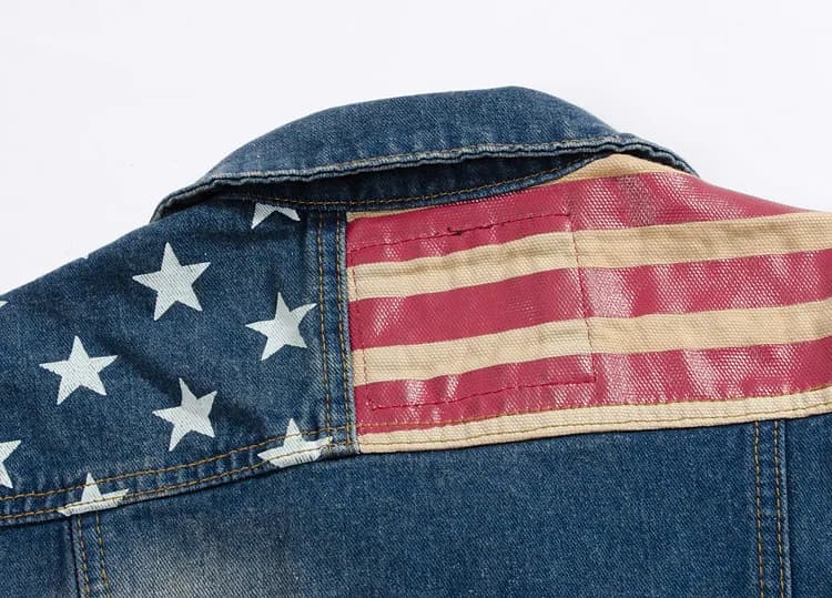 Gilet denim déchiré style cowboy pour pêche - Veste sans manches vintage USA flag grande taille 5XL