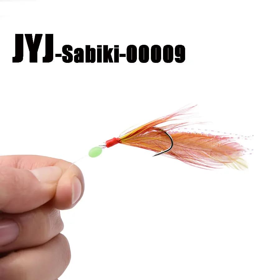 Sabiki rig artificiel avec plumes rouges et jaunes - Set hameçons JYJ pour sardines et pêche en mer