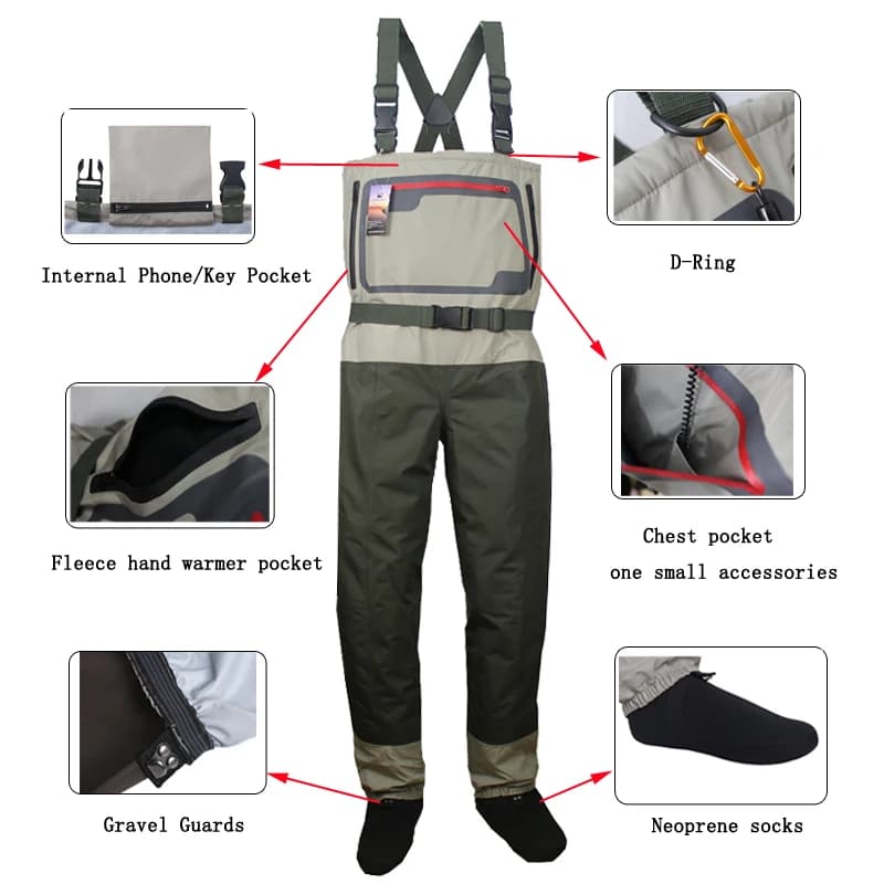 Kit waders poitrine pêche léger convertible homme - Pantalons de pêche respirants pieds nus chasse pêche à la mouche
