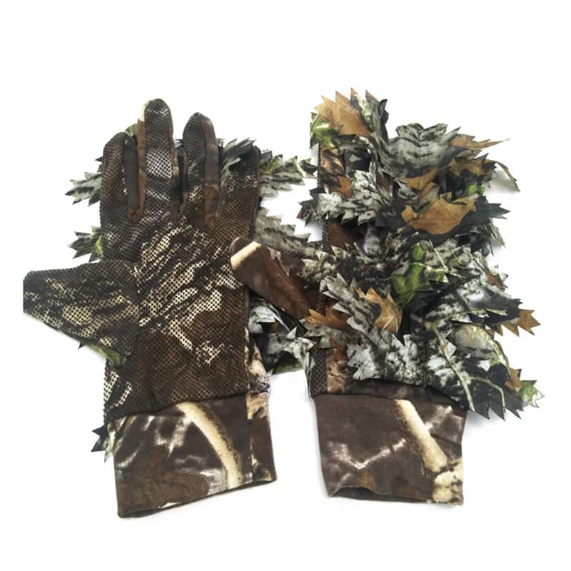 Gants de pêche et chasse camouflage 3D feuilles antidérapants à points silicone