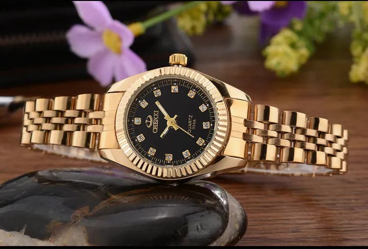 Montre luxe femme dorée à strass CHENXI - Horloge quartz étanche bracelet habillé cristaux précieux