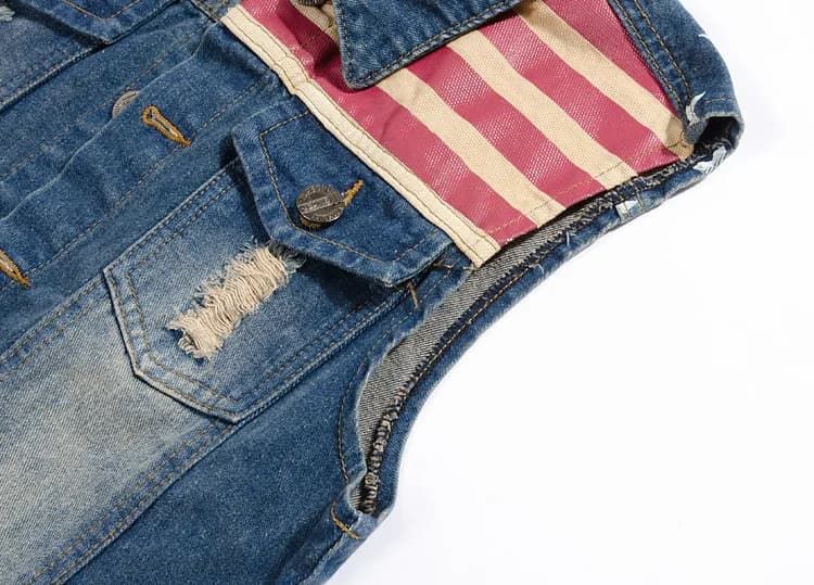 Gilet denim déchiré style cowboy pour pêche - Veste sans manches vintage USA flag grande taille 5XL
