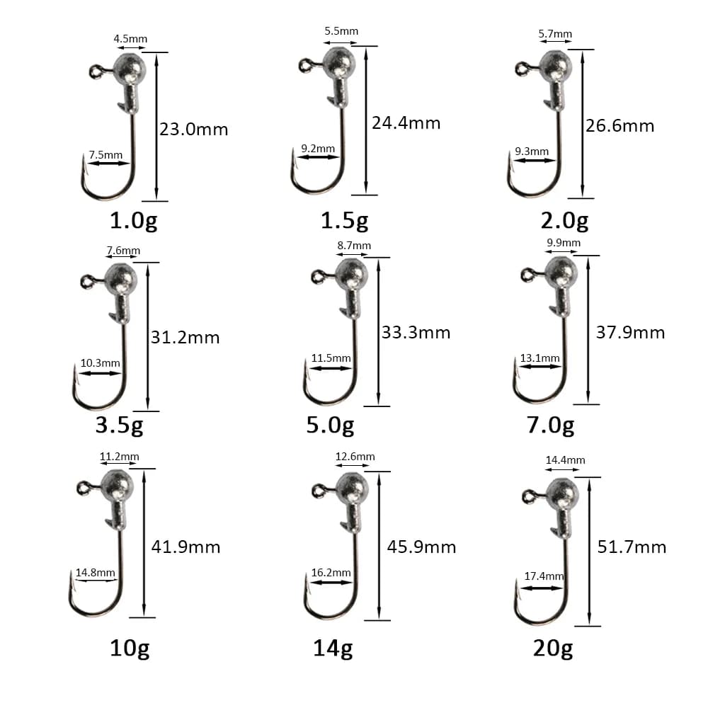 Hameçon plombé Jig Head 1g à 20g pour leurres souples - 20 à 50 pièces pour