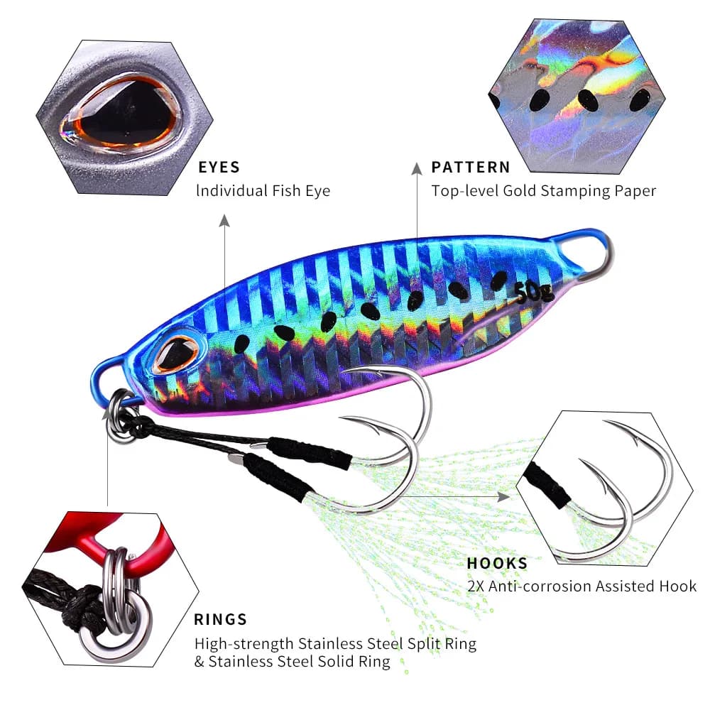 Jigs de pêche 10g à 50g métalliques holographiques - Leurres mer pour bar et carnassiers marins