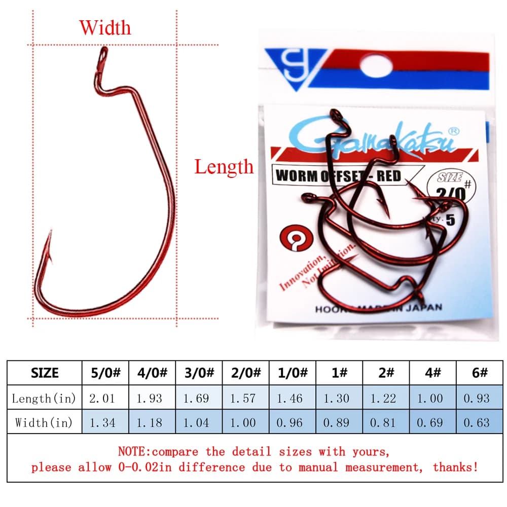Hameçons Gamakatsu rouges offset pour leurres souples et montage Texas rig - tailles 5/0 à 6 en acier carbone