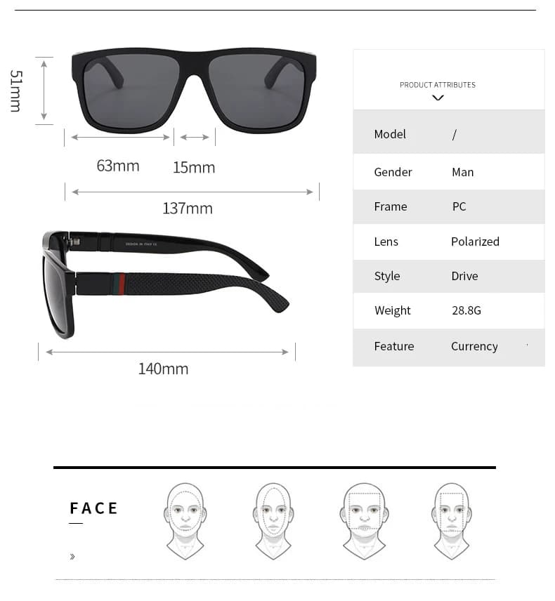 Lunettes de soleil carrées polarisées noires unisexes - Style vintage sport UV400 pour hommes femmes