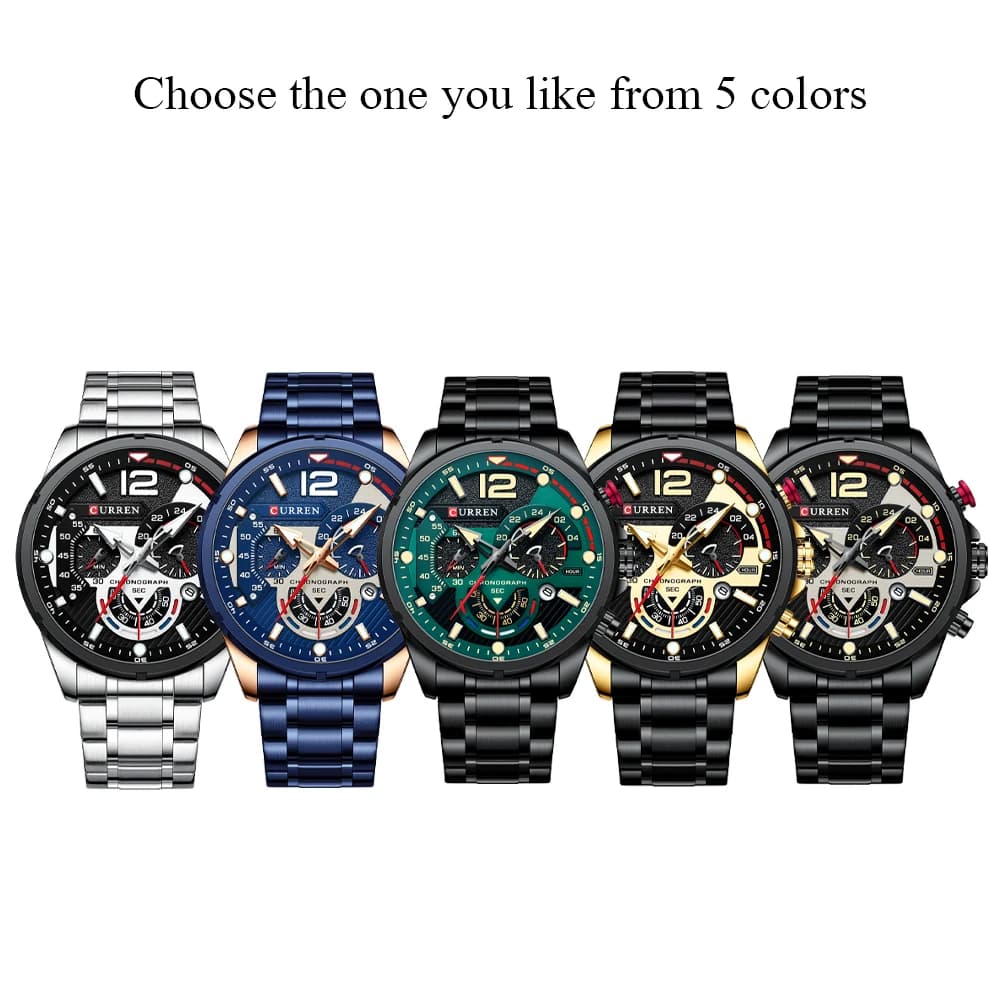 Montre homme Curren chronographe sport aiguilles lumineuses - Boîtier et bracelet acier inoxydable pour pêcheur