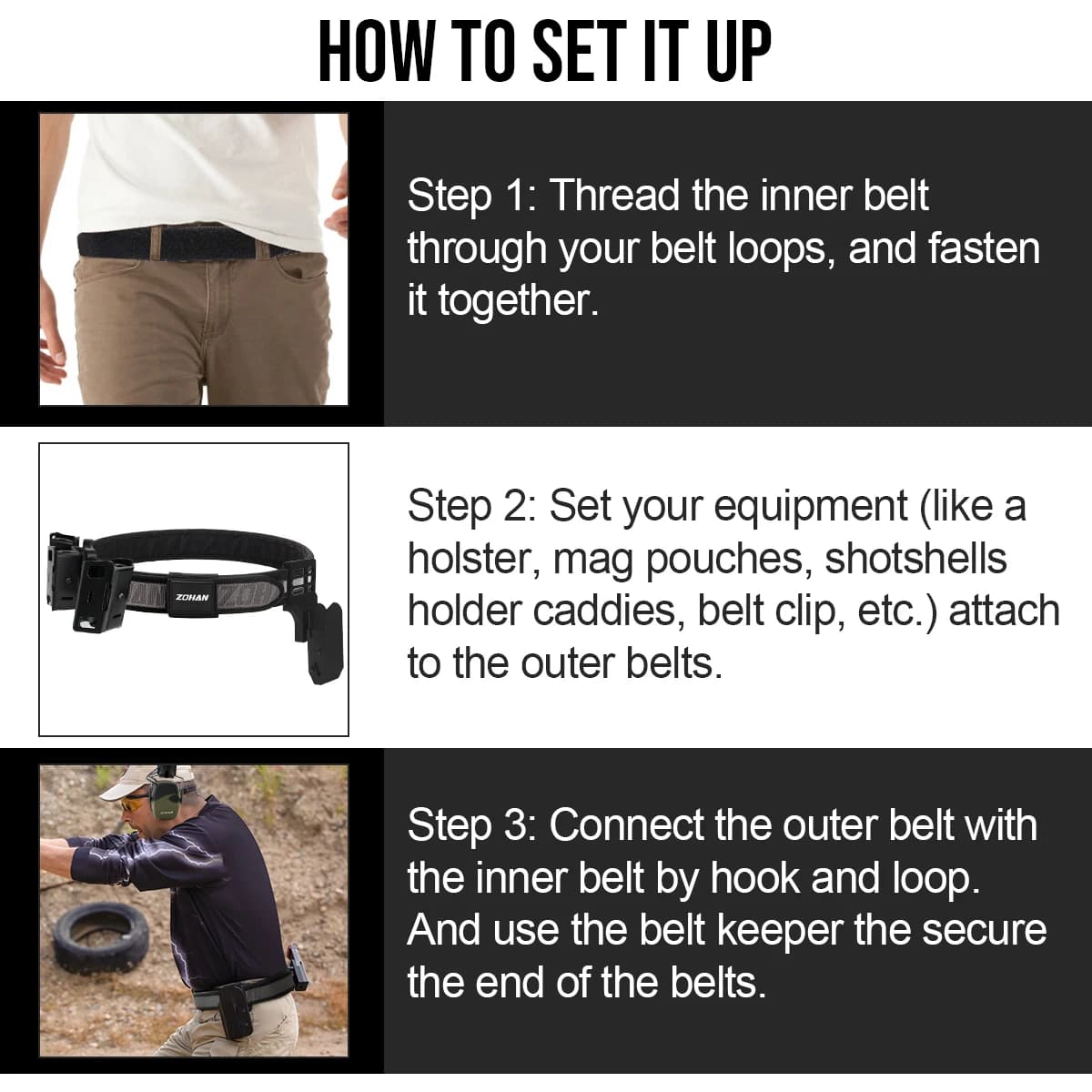 Ceinture de compétition ZOHAN 3 pièces avec boucle caoutchouc pour USPSA IPSC pêche sportive