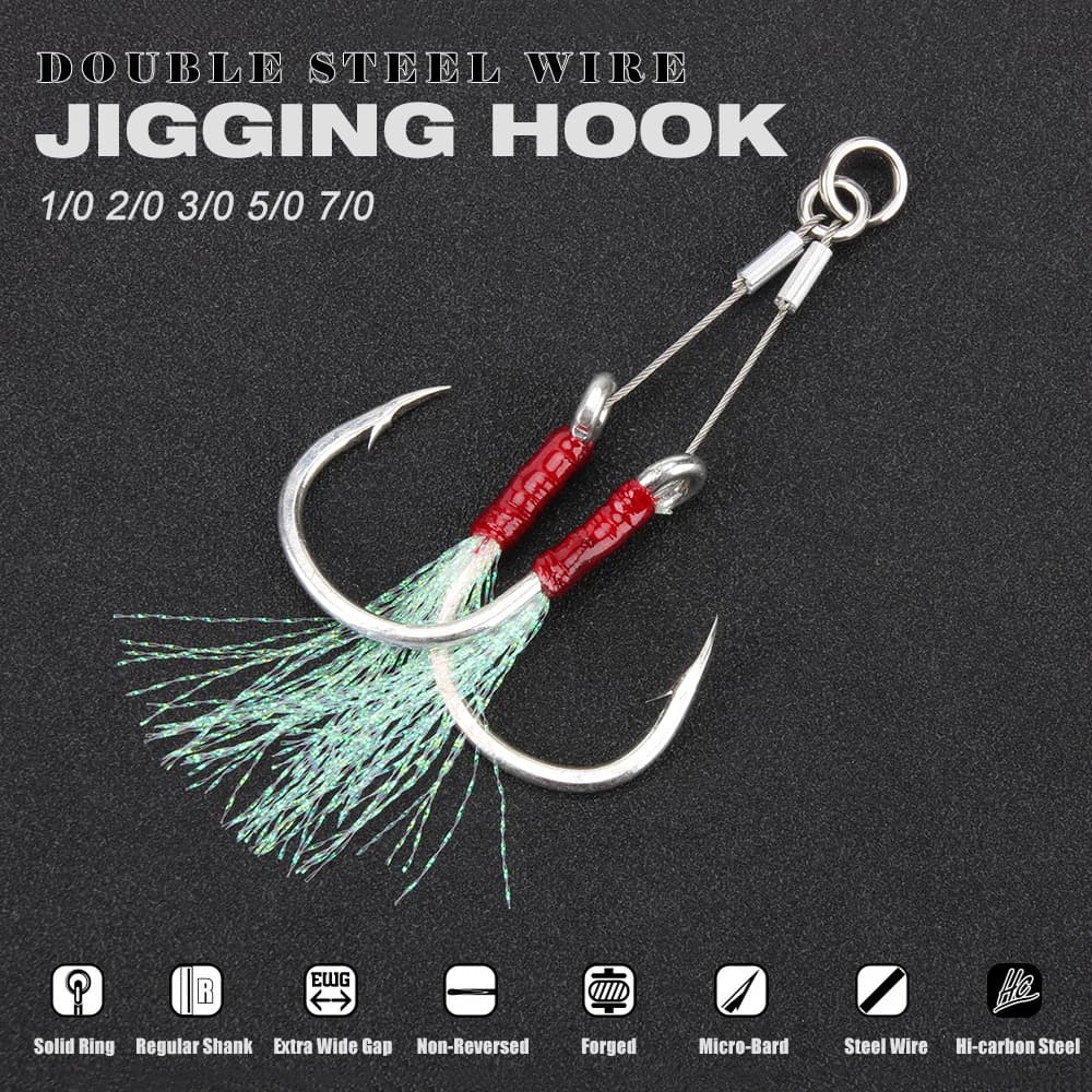 Hameçons doubles à plumes 2 paires pour jigging assisté - Tailles 1/0 à 7/0 pêche mer
