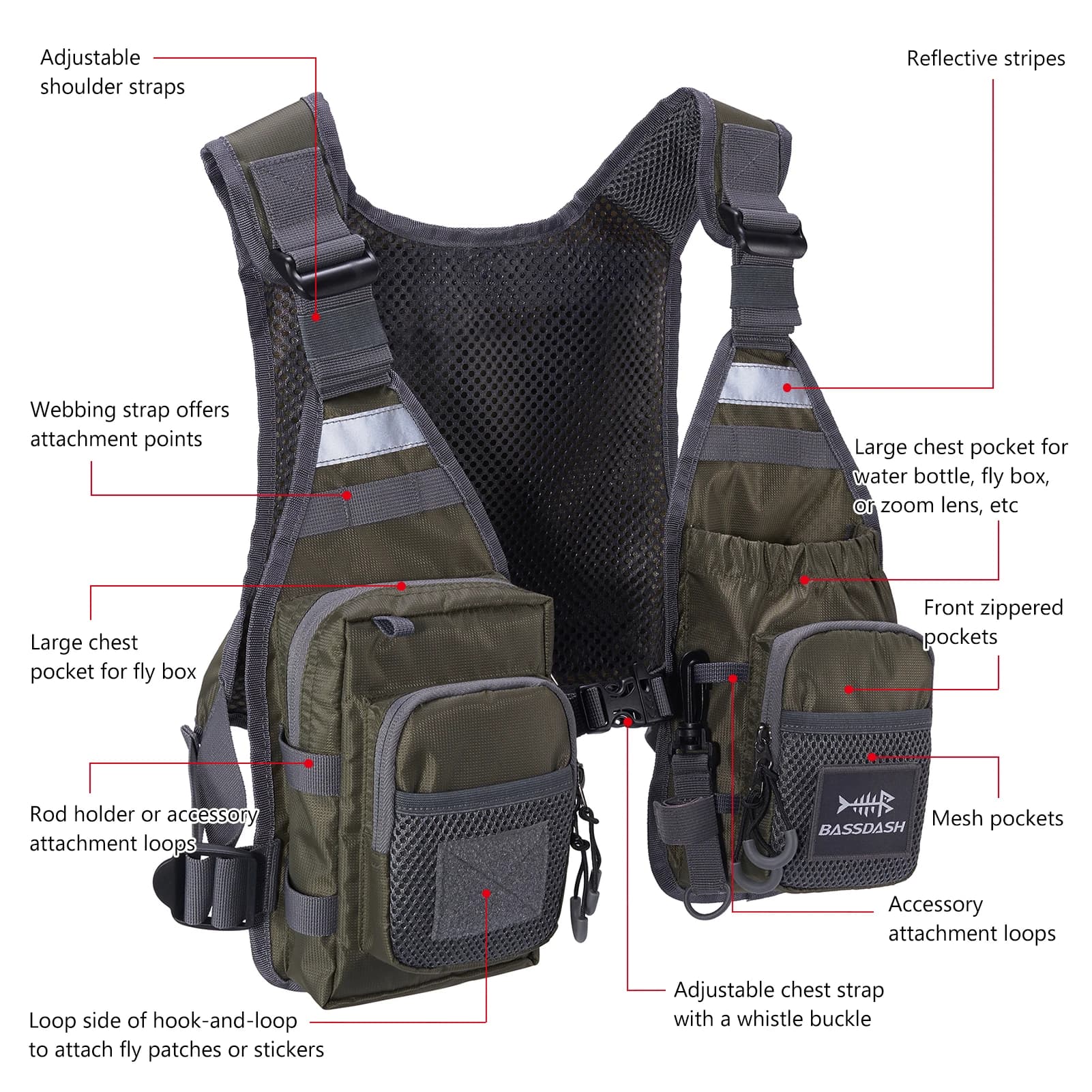 Gilet pêche à la mouche ultra-léger Bassdash FV08 - Sac poitrine portable unisexe pour pêcheur mouche