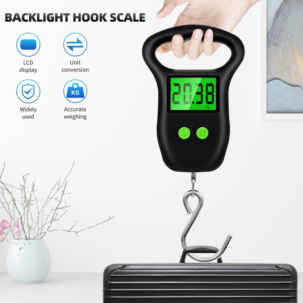 Balance digitale main portable 50Kg 10g pêche - Échelle crochet LCD rétroéclairé avec mètre ruban intégré