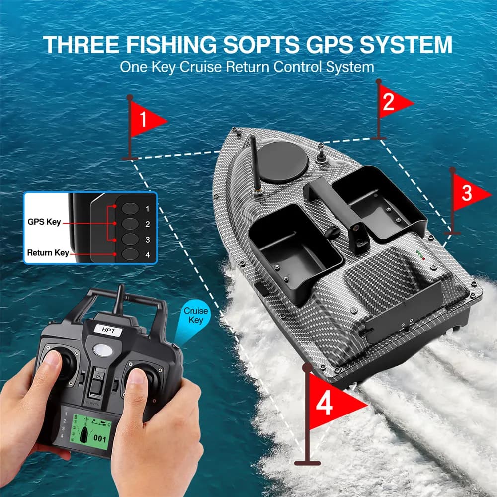 Bateau appât GPS avec sonar sans fil et 3 compartiments pour pêche à la carpe et contrôle à distance