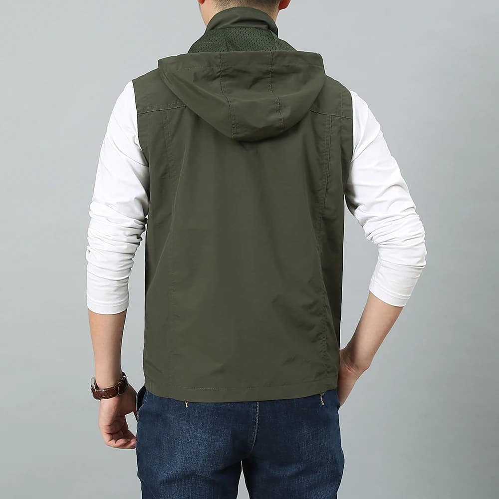 Gilet sans manches homme été grande taille 7XL - Multiples poches voyage photographie - Veste pêche avec casquette