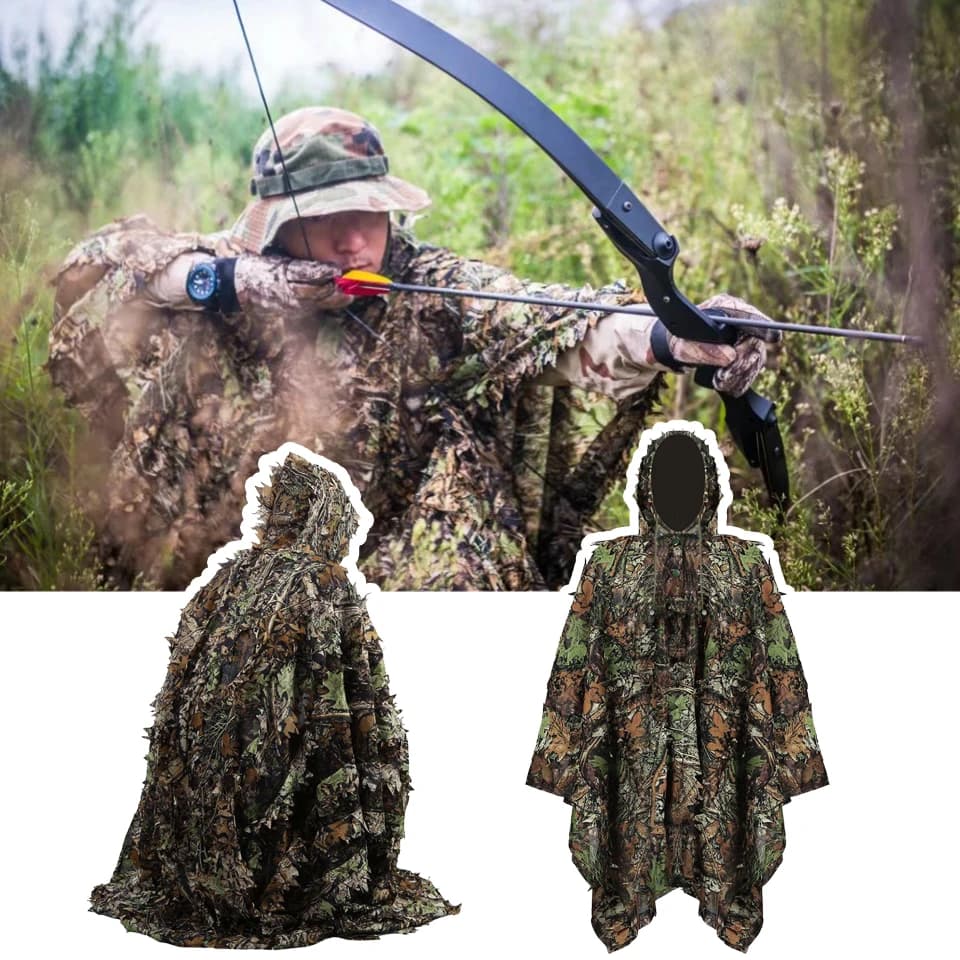 Poncho camouflage 3D feuilles pour pêche discrète et observation en milieu naturel