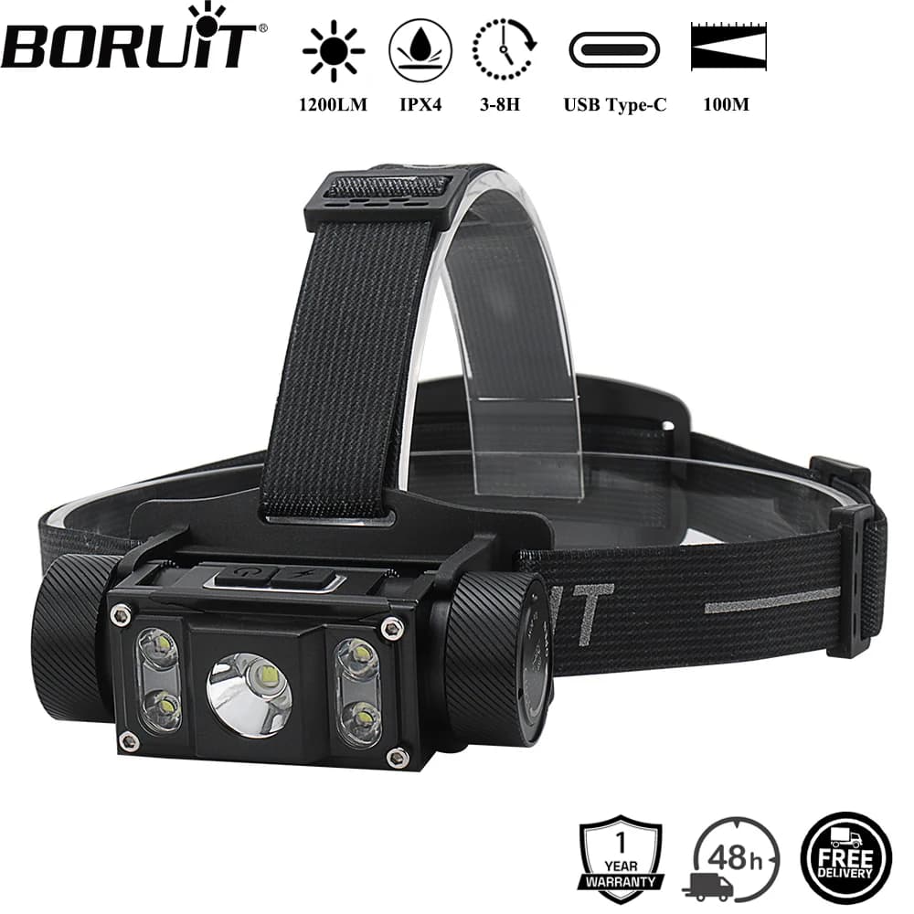 Lampe frontale BORUiT B50 1200LM waterproof Type-C rechargeable 21700 pour pêche extrême