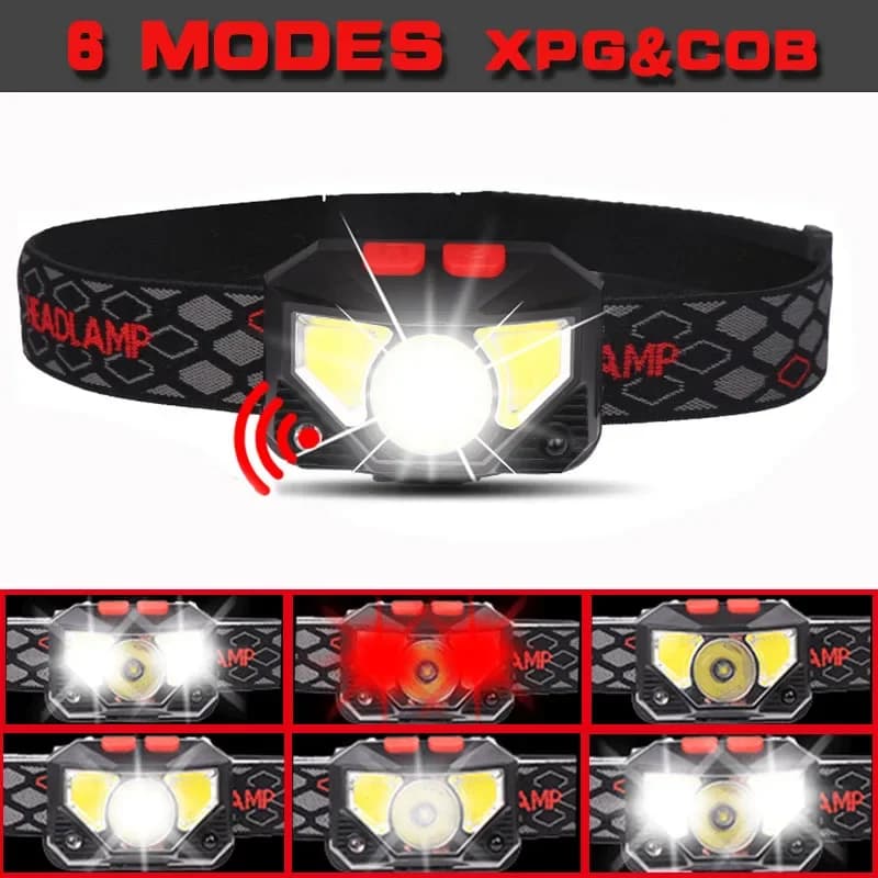 Lampe frontale pêche 6 modes XPE+COB rechargeable USB étanche pour running et camping nocturne