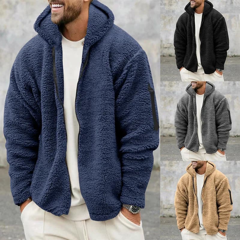 Veste polaire double face homme automne hiver ample à capuche pêche chaude