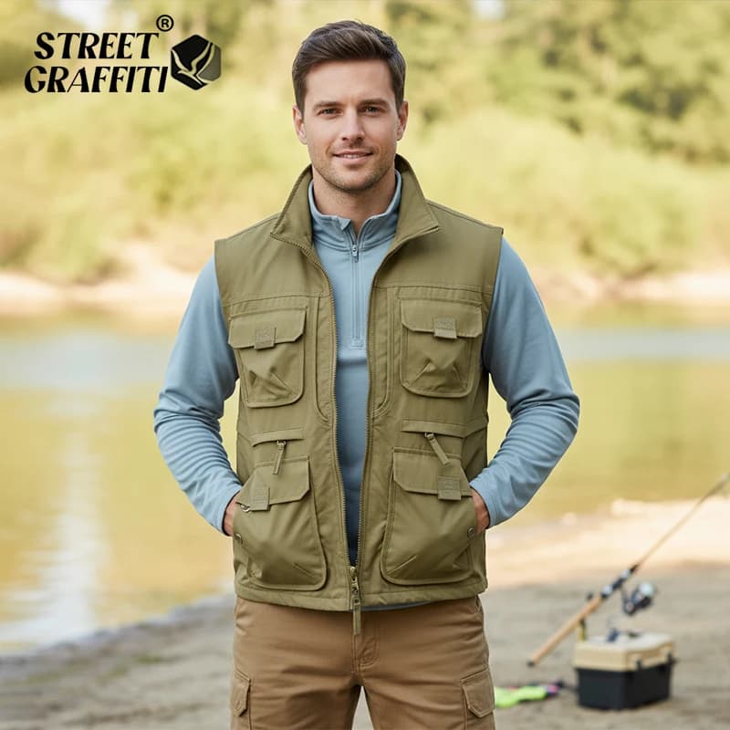 Veste pêche multi-poches homme 2025 - Coll montant respirant - Veste outdoor séchage rapide