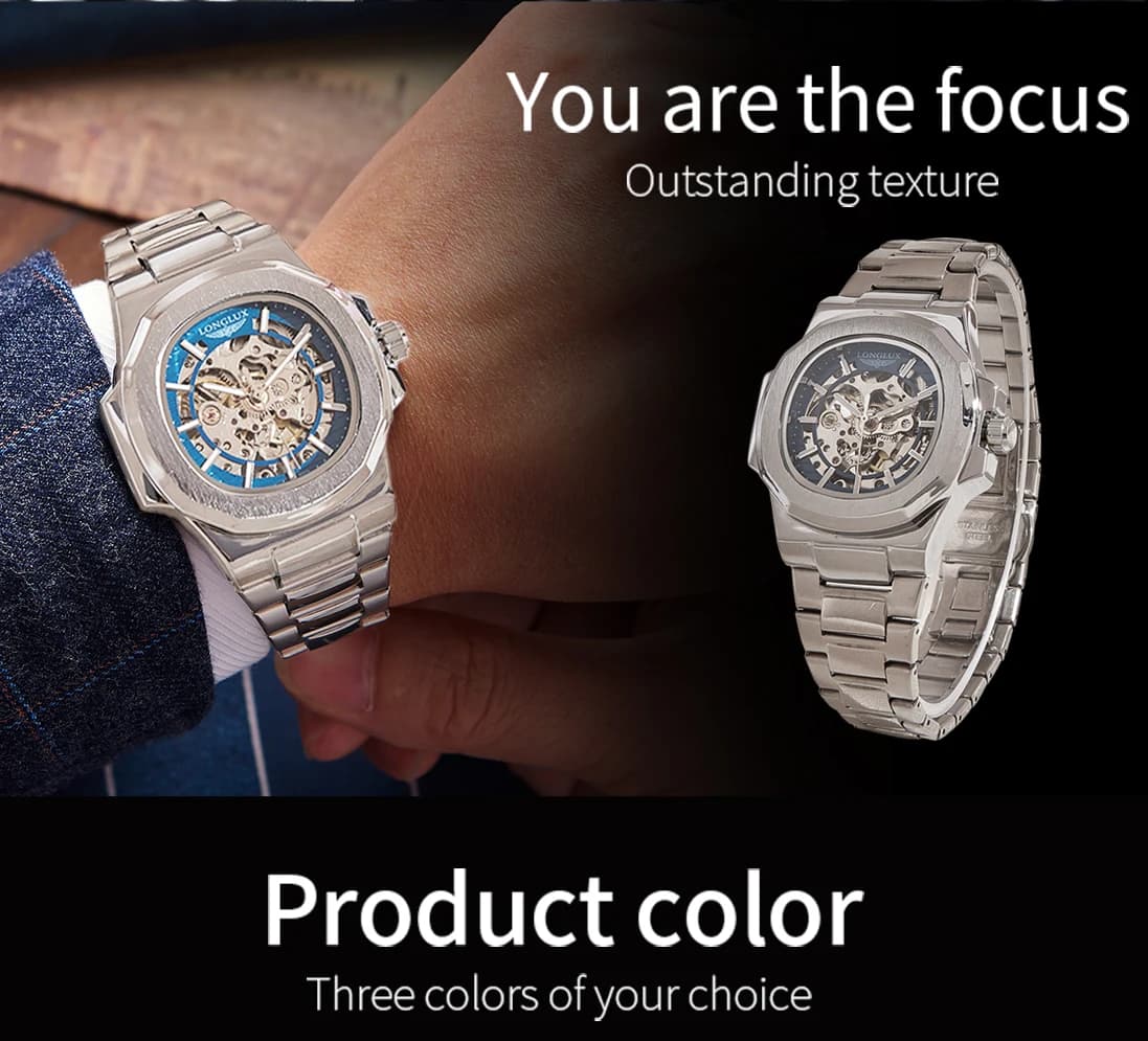Montre automatique mécanique homme LONGLUX luxe squelette étanche acier inoxydable cadeau