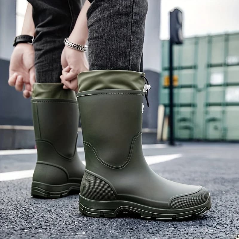 Bottes mi-mollet homme imperméables anti-vent avec cordon - Semelle antidérapante durable PVC randonnée
