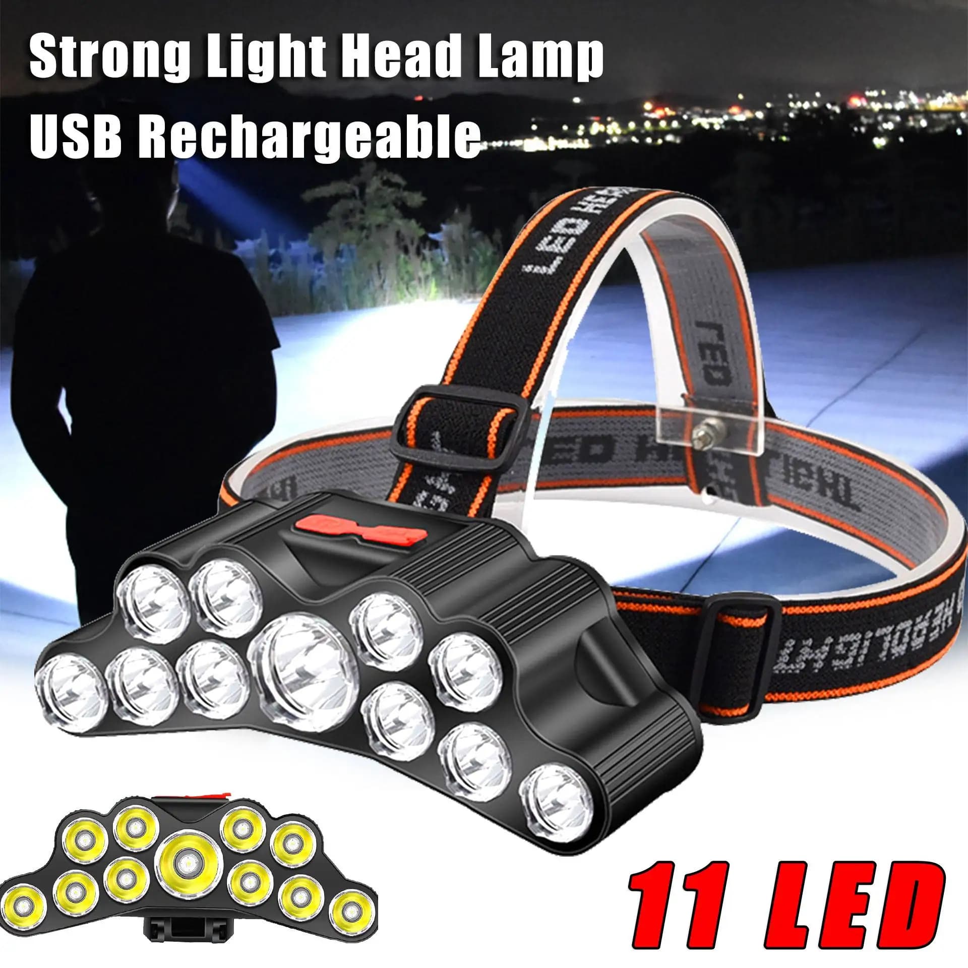 Lampe frontale 5/11 LED puissante rechargeable USB avec batterie 18650 pour pêche et extérieur - Lanterne frontale