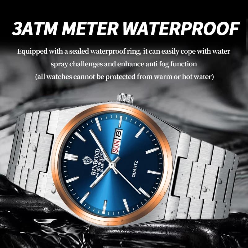 Montre homme luxe BINBOND quartz acier inoxydable étanche affichage date semaine lumineuse business