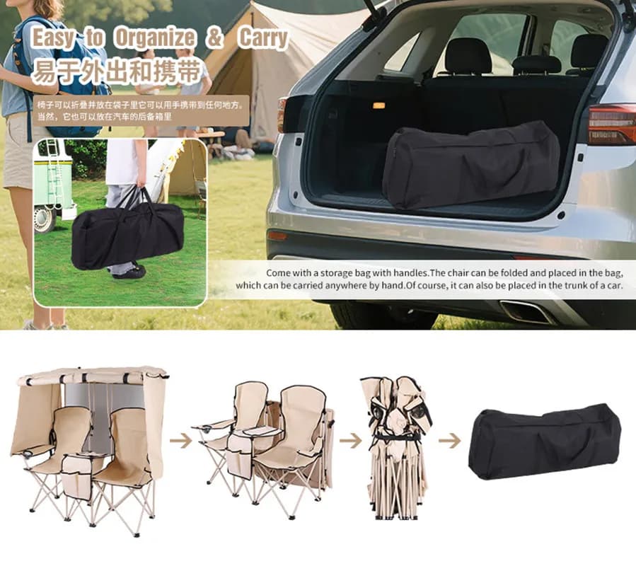 Paire de chaises pliantes double avec pare-soleil intégré pour pêche et plage en couple