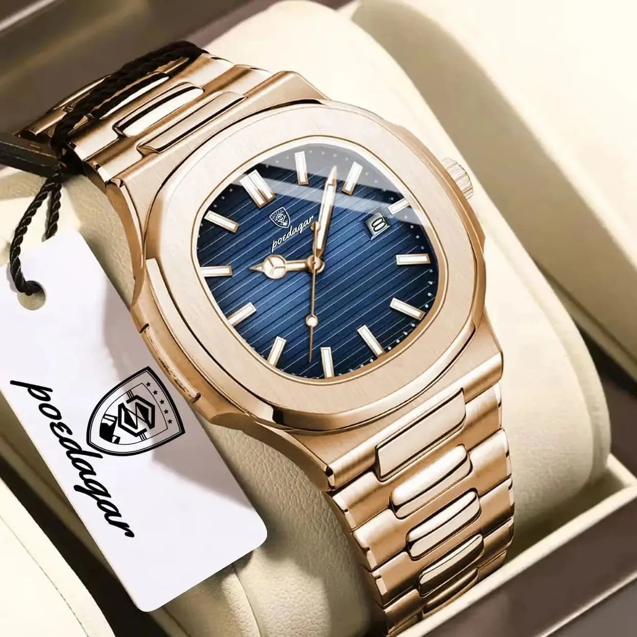 Montre homme carrée POEDAGAR fashion - Boîtier acier inoxydable étanche avec date et lumières pour poignet