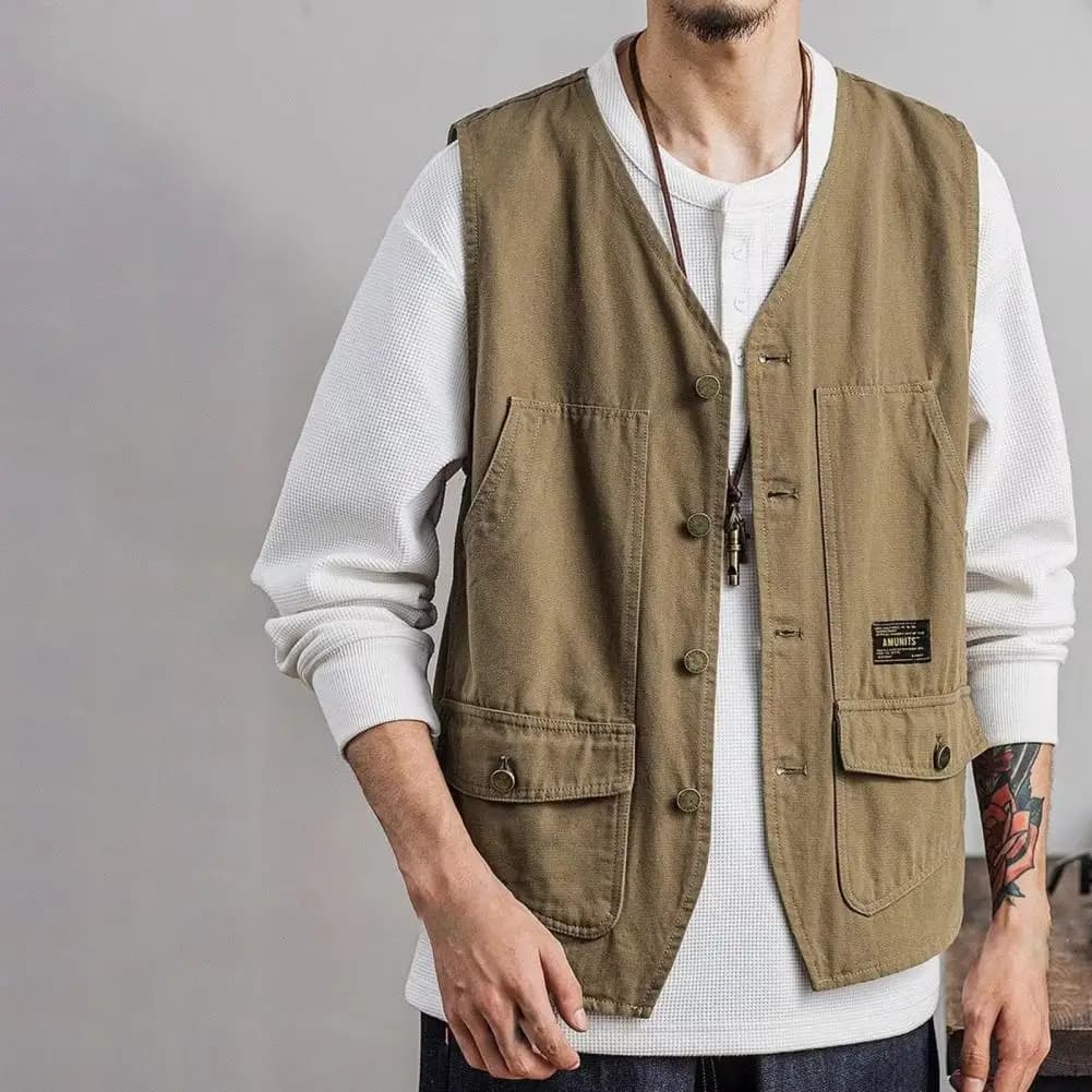 Veste de pêche sans manches pour homme, style coréen à col V avec poches pratique extérieure