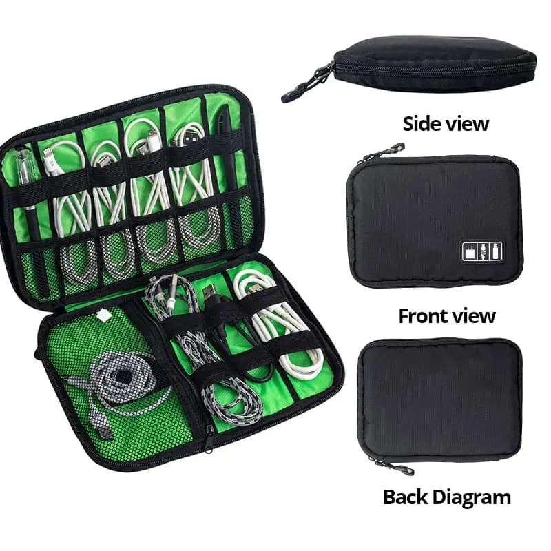 Organisateur étanche pour câbles USB et chargeurs - Sac de rangement électronique portable noir vert