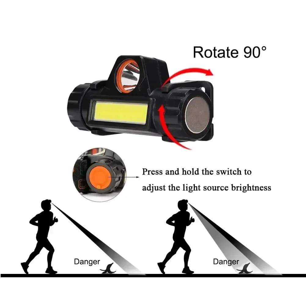 Lampe frontale COB Q5 avec batterie 18650 intégrée et gradation continue pour pêche et camping nocturne