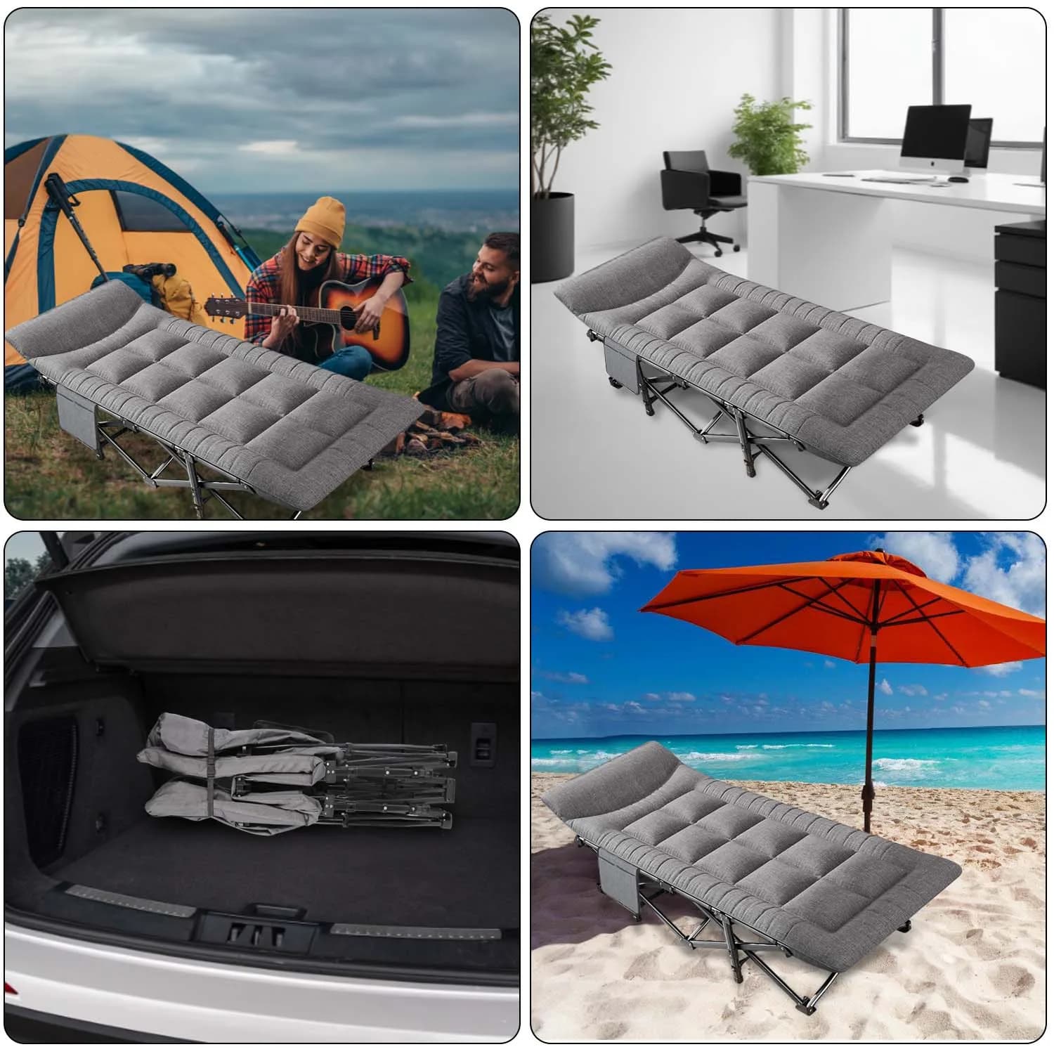 Lit de camping pliant 200 kg avec oreiller intégré pour pêche, jardin et bureau