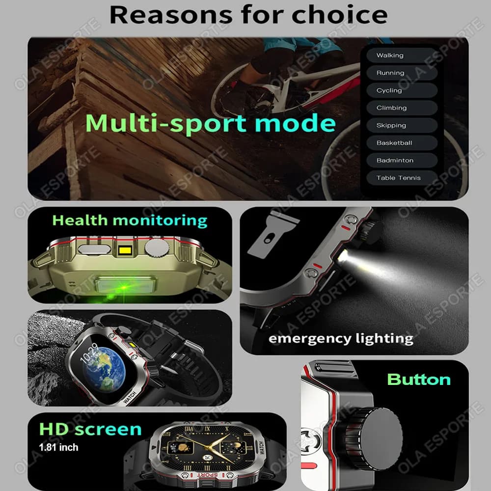 Smartwatch militaire GPS 2025 - Appels Bluetooth, monitoring santé, IA vocale, étanche pour Android