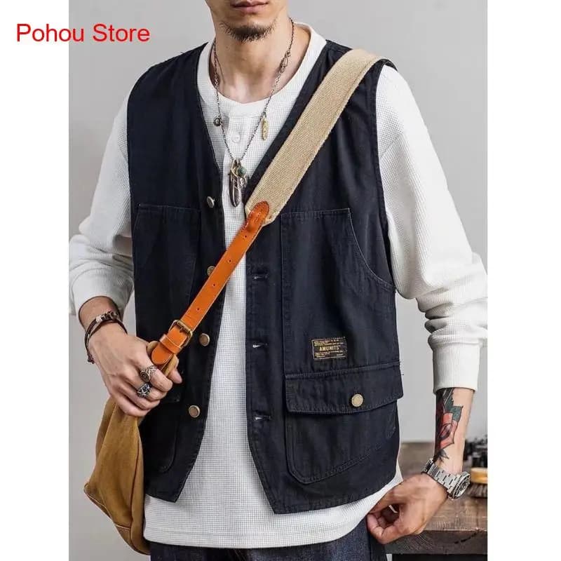 Veste sans manches japonaise été poches multiples homme - Workwear rétro léger et aéré