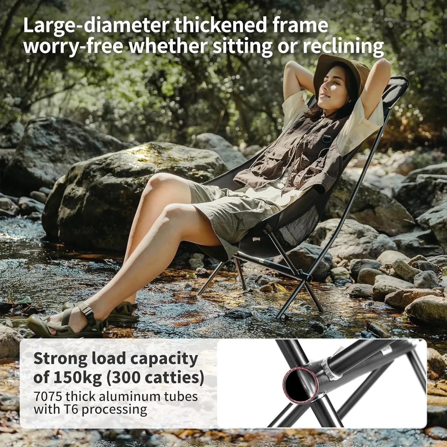 Chaise lune pliante Naturehike 150kg ultra-légère pour pêche confortable et détente au bord de l'eau