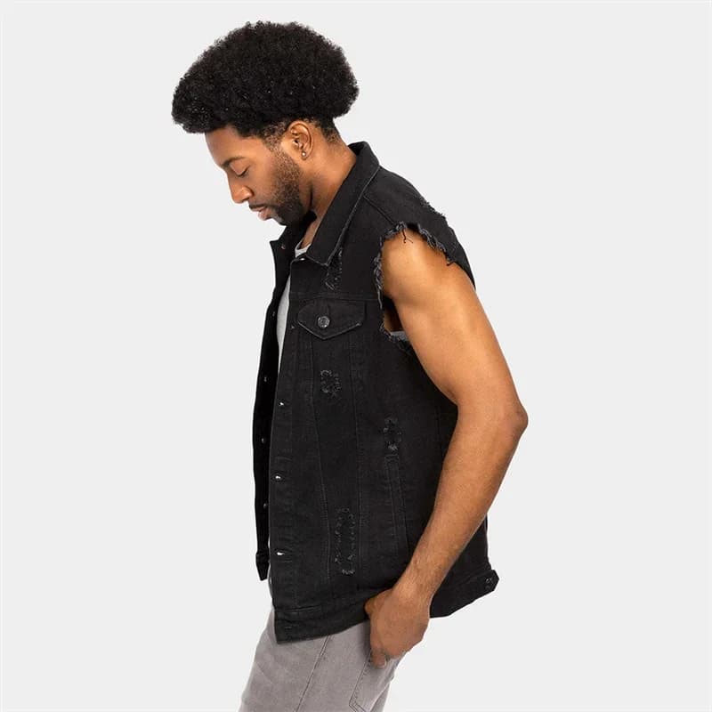 Veste sans manches en denim brut à bords effilochés pour homme style cowboy casual