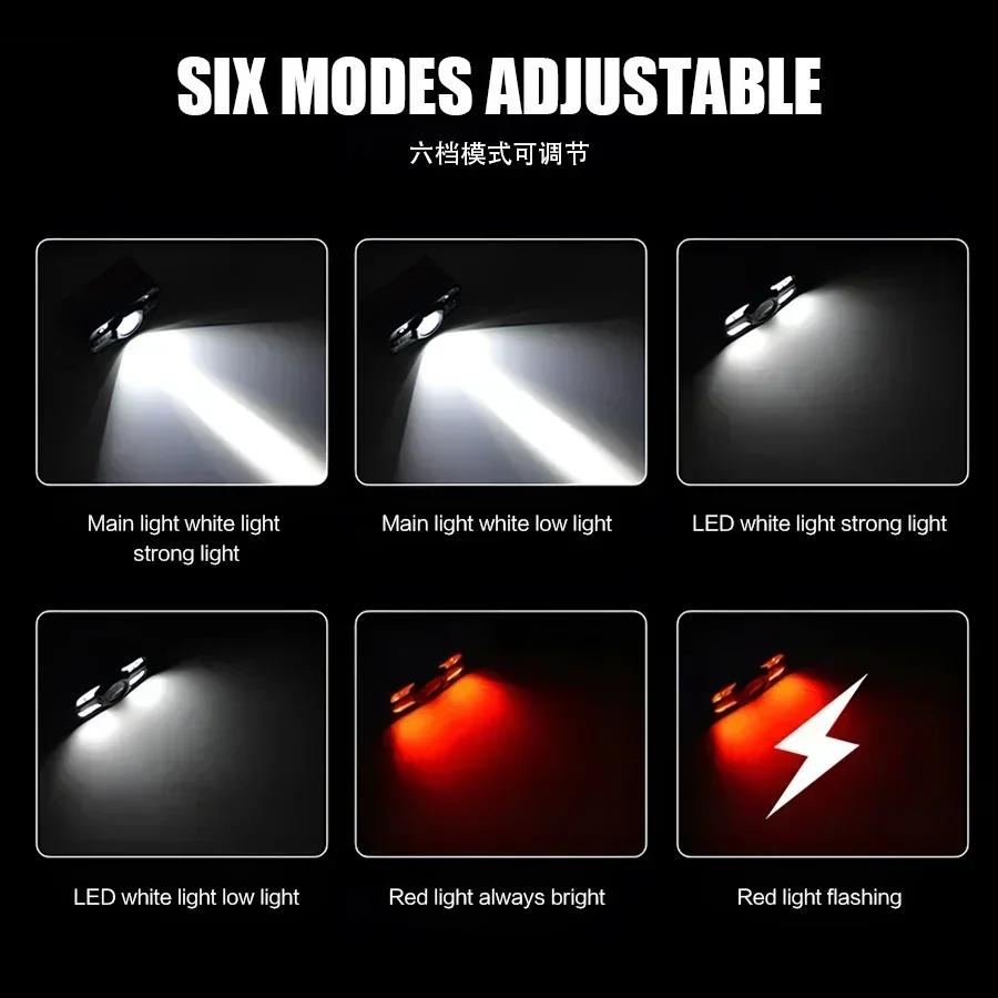 Lampe frontale pêche 6 modes LED rechargeable USB portable avec batterie intégrée pour camping