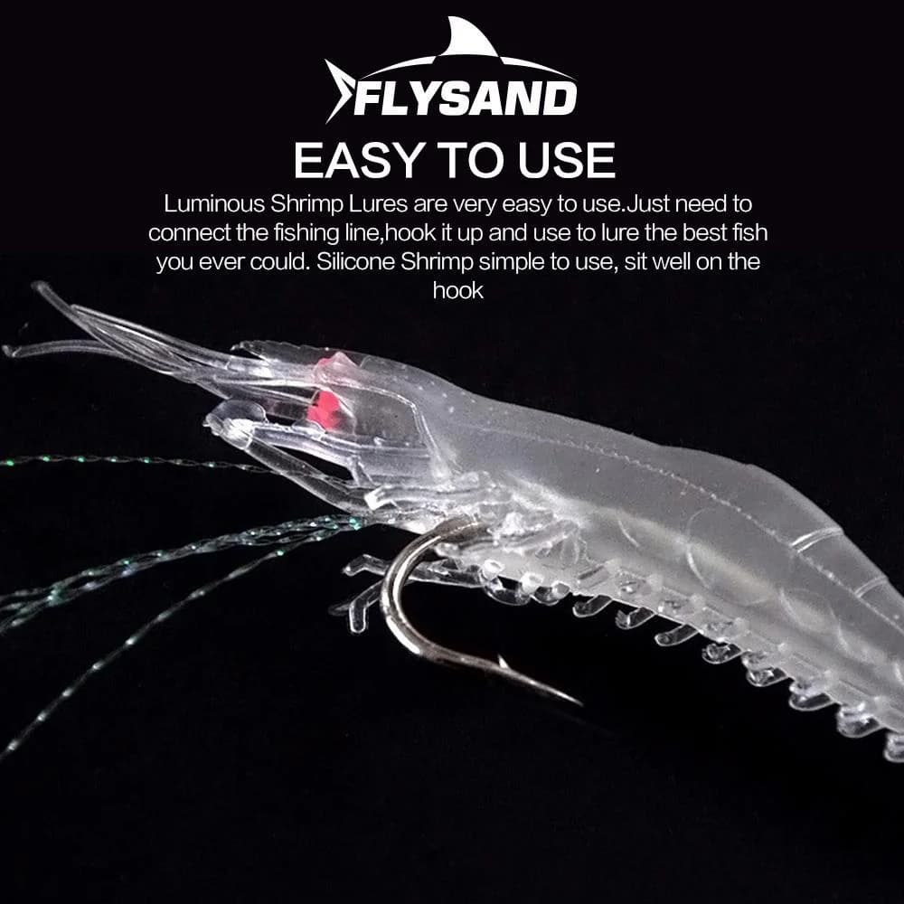 Leurre crevette lumineux FLYSAND : appât silicone souple pour pêche aux leurres avec hameçons intégrés