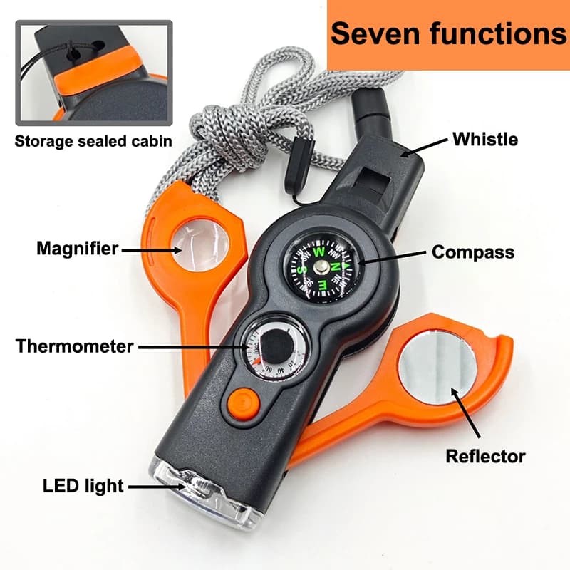 Sifflet survie 7-en-1 multifonction avec LED et boussole pour activités outdoor pêche