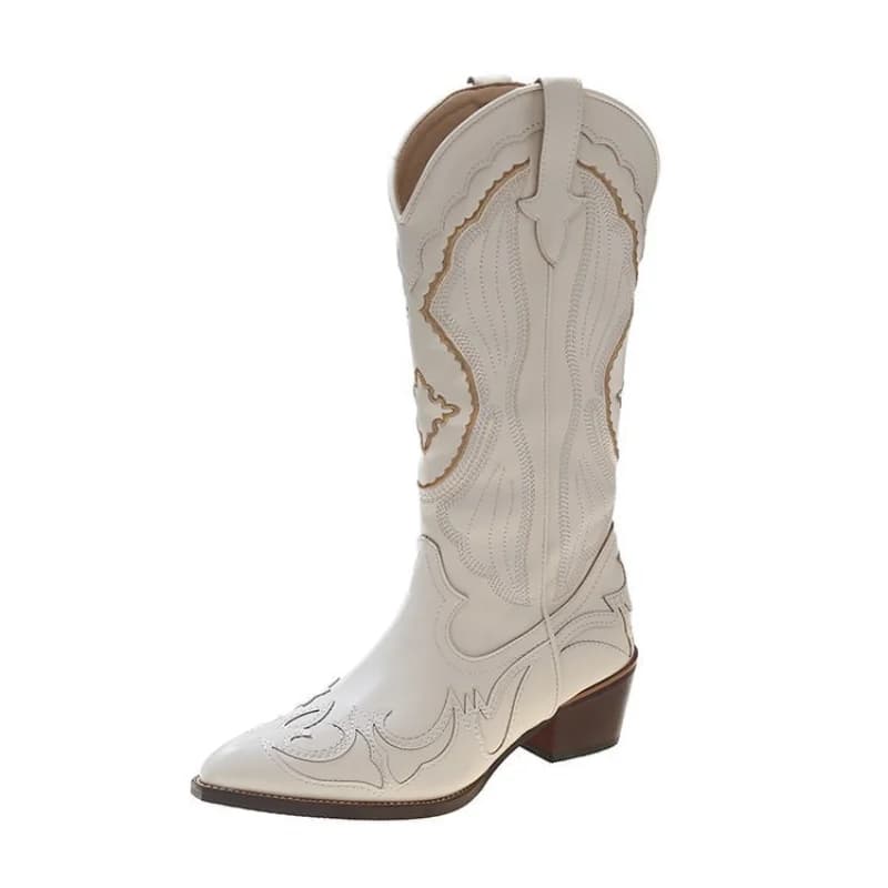 Bottes cowboy brodées automne à talons carrés - Bottes longues imperméables confortables mode