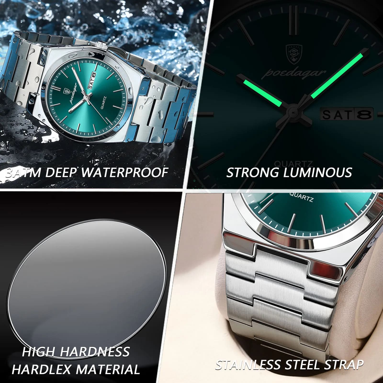 Montre homme de luxe étanche lumineuse avec date et semaine - Bracelet acier inoxydable quartz fashion casual