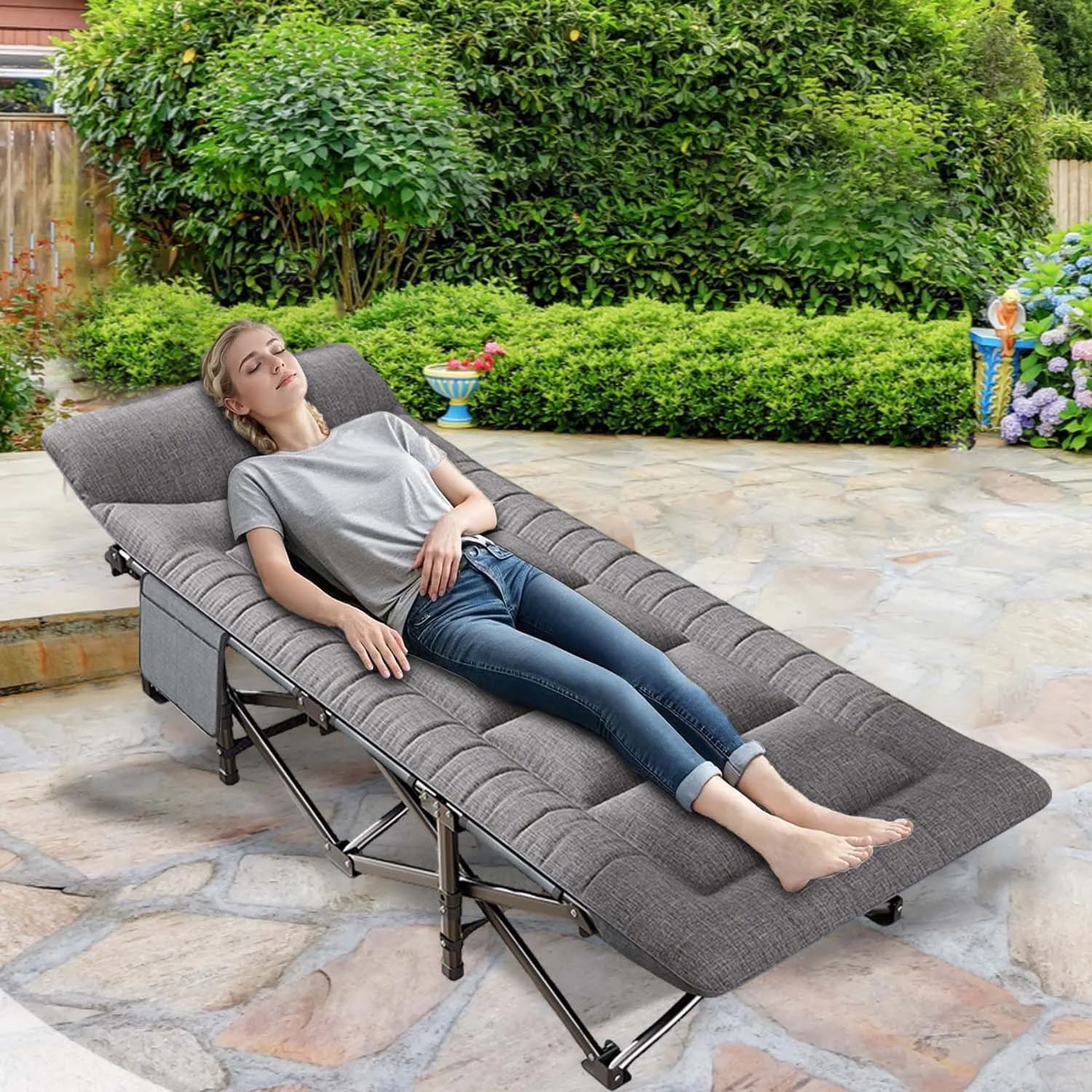 Lit de camping pliant 200 kg avec oreiller intégré pour pêche, jardin et bureau