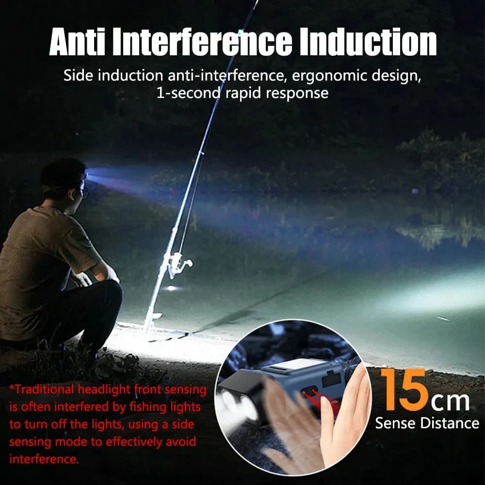 Frontale COB LED avec détecteur de mouvement rechargeable USB - lampe intelligente pour pêche