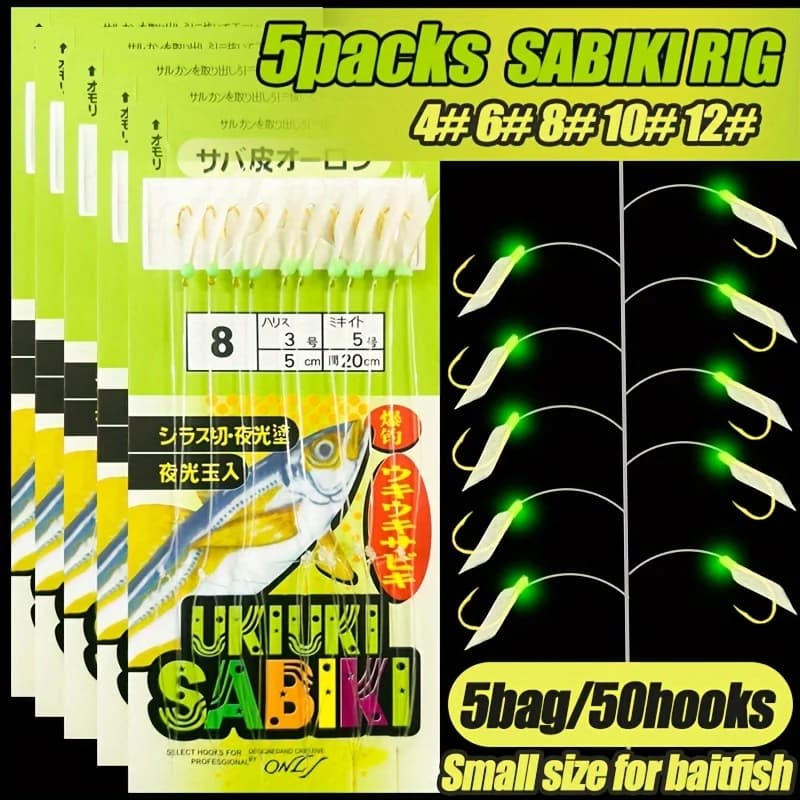 5 packs Sabiki TAKBAS avec hameçons inox et nylon - leurres luminescents pour maquereau et morue